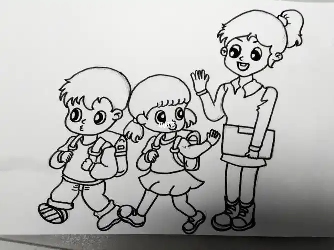 简笔画主题:《放学了》《向老师问好》《回家》