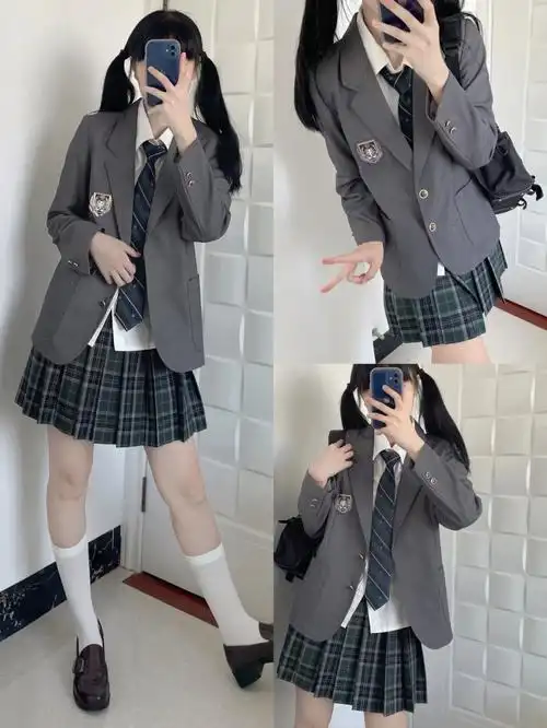 jk制服西式灰绿搭配这么穿真的超好看