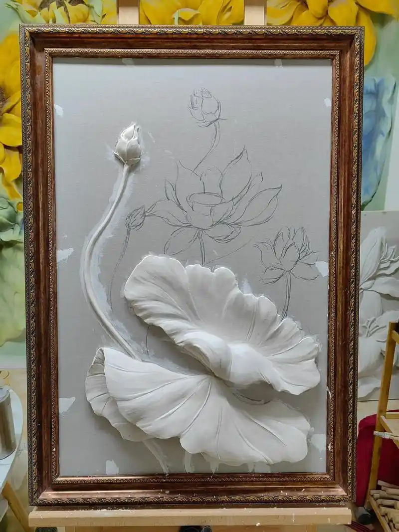 荷花浮雕图.#浮雕壁画 #装饰画 #荷花 #手工 - 抖音