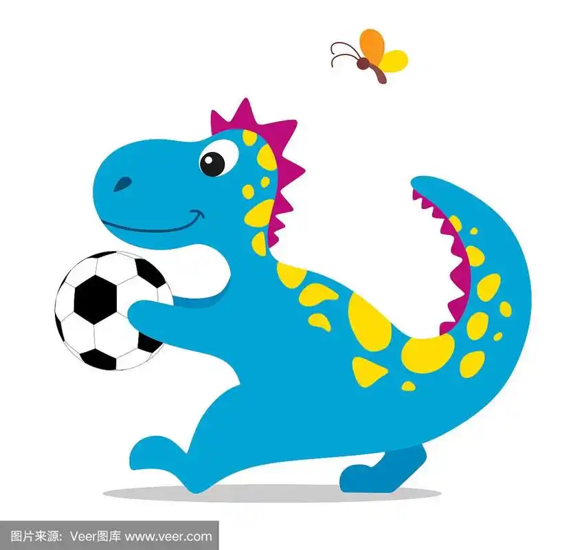 cute and cartoon dinosaur with a soccer ball in its paws.