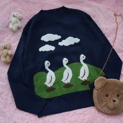 日系外套女冬可爱软妹 针织_日系软妹童趣可爱小鸭宽松古着风毛衣女