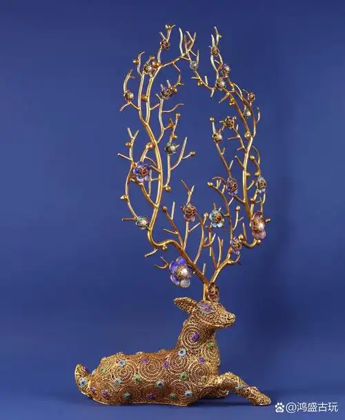 臻品旧藏纯手工打造清代花丝鎏金镶嵌宝石烧蓝梅花鹿 高45厘米,长25