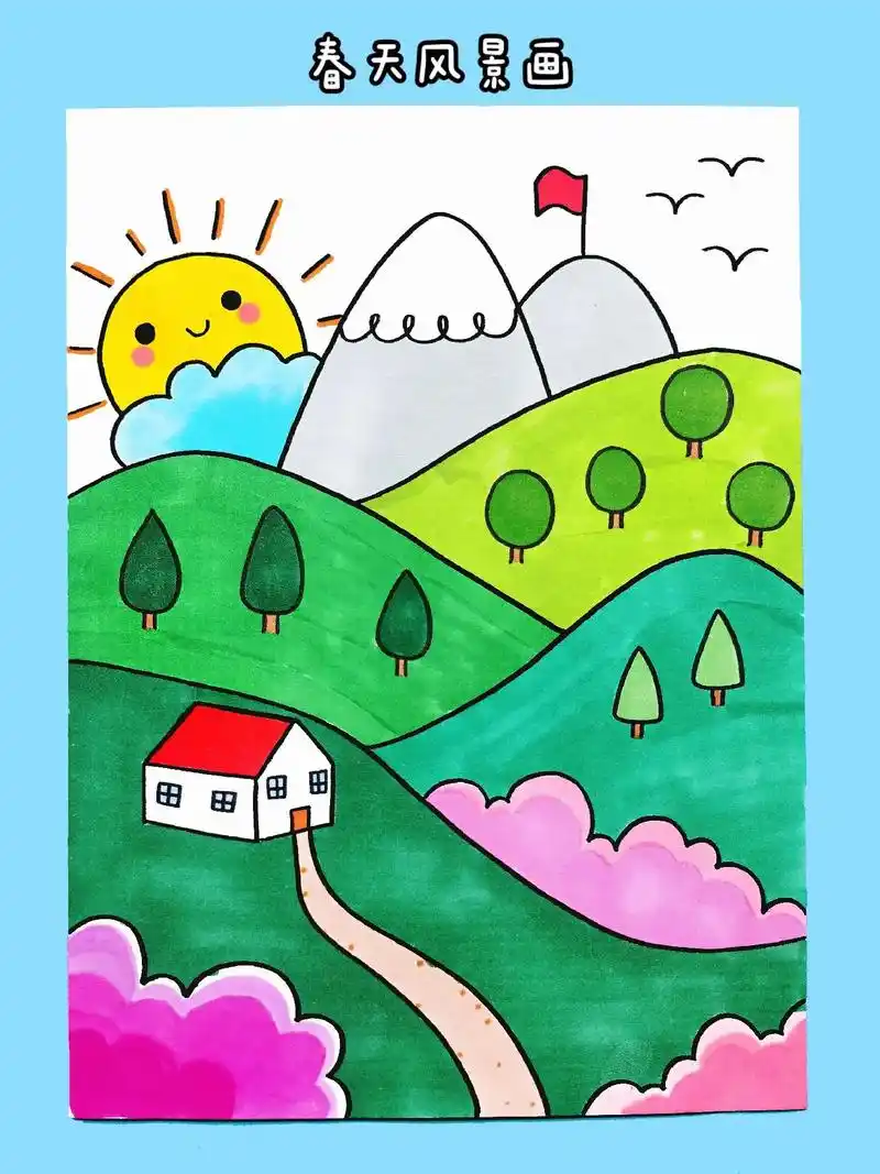 和孩子一起用简单的线条和图形画一幅漂亮的春天