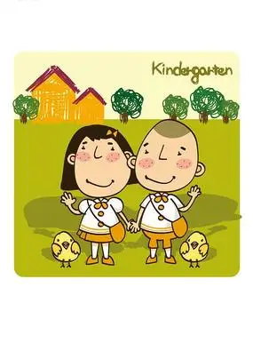 手牵手可爱的两个小朋友和小鸡