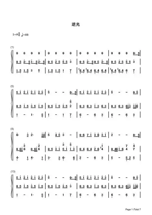 逆光-孙燕姿-a调 -流行钢琴简谱