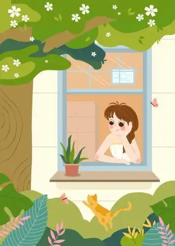 夏天女孩靠在窗边窗外大树草丛风景插画