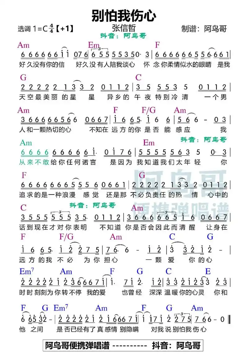 266.张信哲 - 别怕我伤心 简谱和弦谱 - 抖音