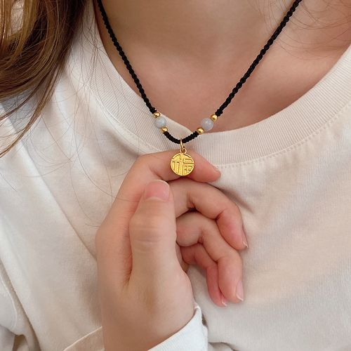 小福牌编织编黑绳红绳项链女款福字吊坠黑色手工绳子轻奢小众挂绳