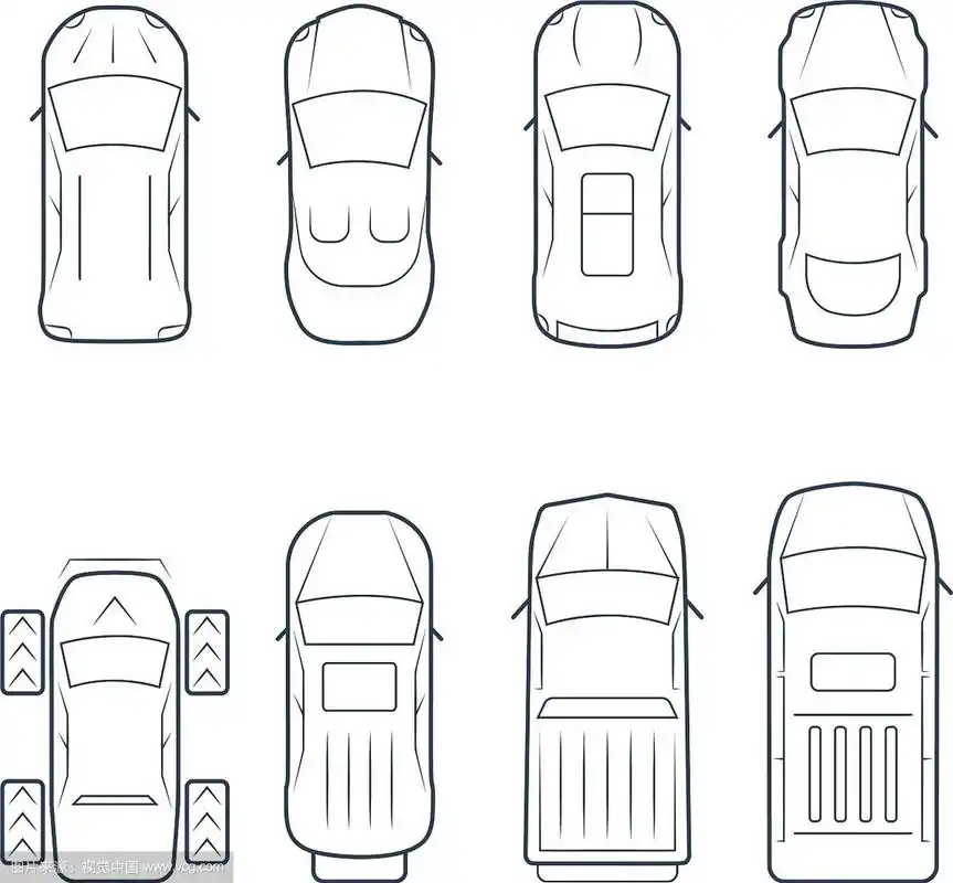 汽车图标设置在细线风格顶视图