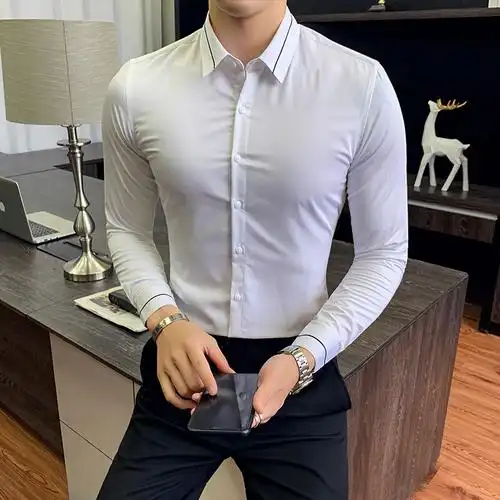 梵克公牛秋季衬衫男长袖商务正装男士白色衬衣发型师职业修身寸衫休闲