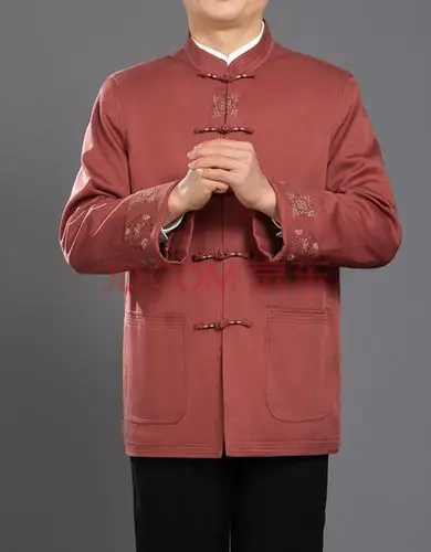 百福龙民族风男唐装外套新款中式男装棉袄爸爸装 中老年唐装 砖红外套