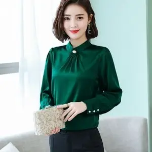 立领真丝绸衬衫女长袖 2019春新款ol遮肚打底上衣 缎面职业装 span