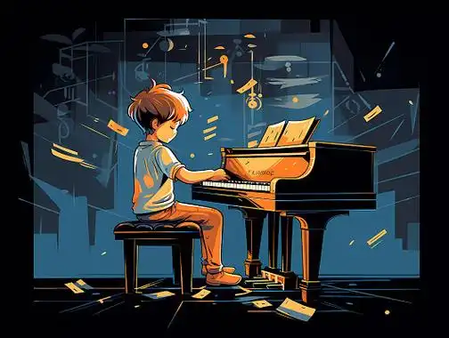 艺术教育钢琴培训班招生卡通人物男孩弹钢琴场景