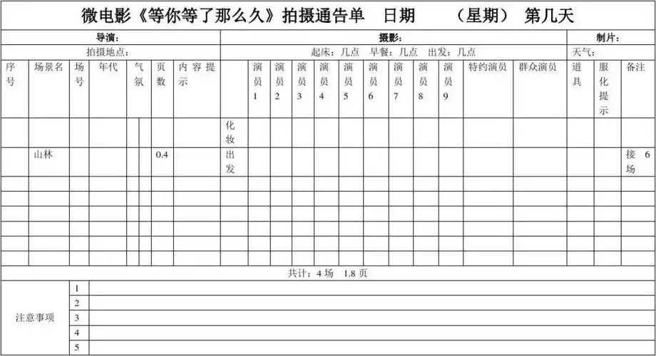 微电影拍摄通告单