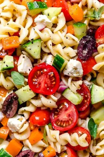 greek pasta salad is light and fresh, loaded with garden