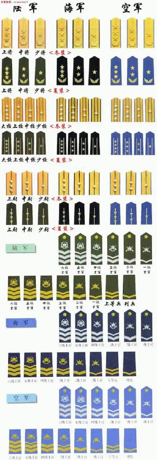 三,兵的军衔在肩章版面上缀以折杠,无象征符号.