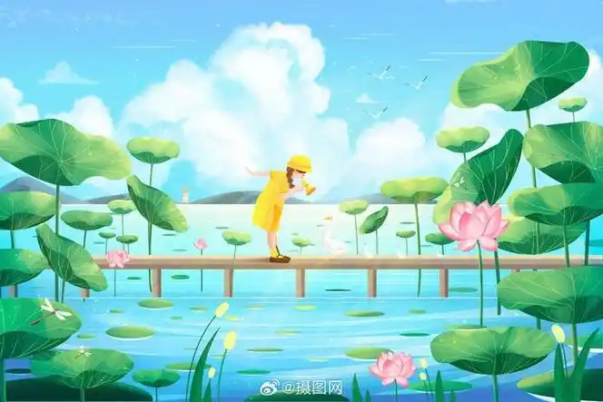 插画分享 | 清新治愈夏天卡通插画素材 池塘与荷花 9369♀15