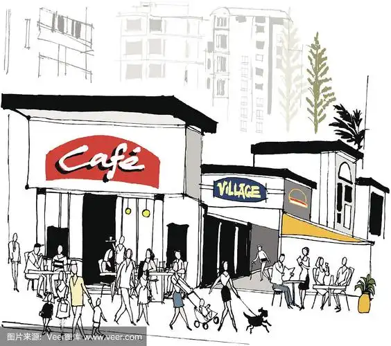 矢量插图的餐厅和商店建筑与咖啡馆食客