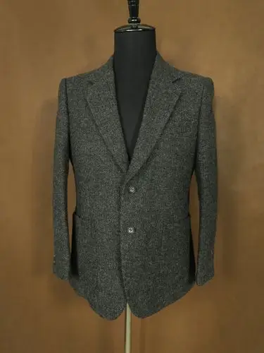 日本产 eleven suit 黑灰人字纹粗毛呢复古修身男装两扣西装 85新