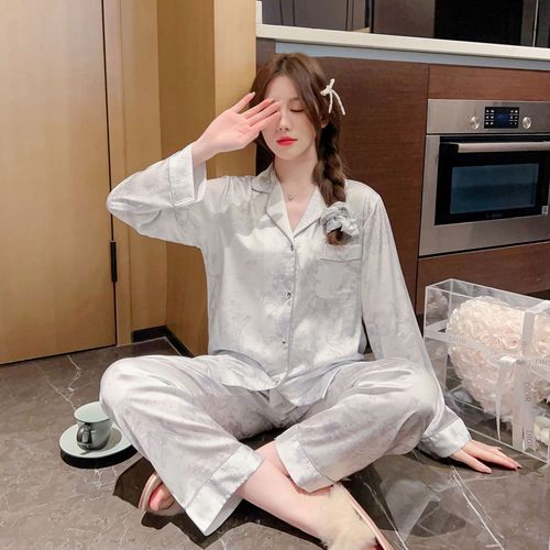 法式睡衣女春秋新款长袖开衫套装缎面薄款高档丝绸慵懒女士家居服