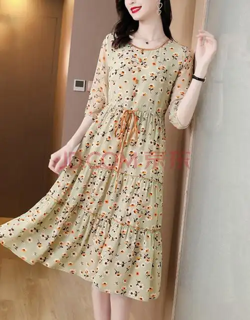德莉娅碎花雪纺连衣裙女2021秋冬季新品时尚女装韩版连衣裙中长款气质