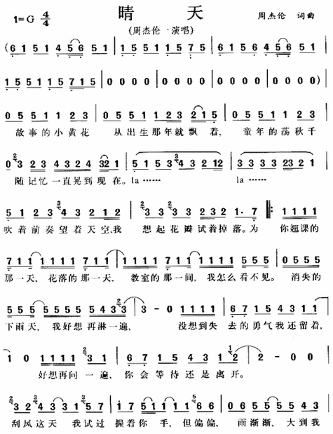 晴天_晴天简谱_晴天吉他谱_钢琴谱-查字典简谱网周杰伦《晴天》 钢琴