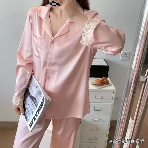 天鹅烫钻冰雪丝睡衣女士长袖长裤开衫春秋季冰丝绸蕾丝家居服套装