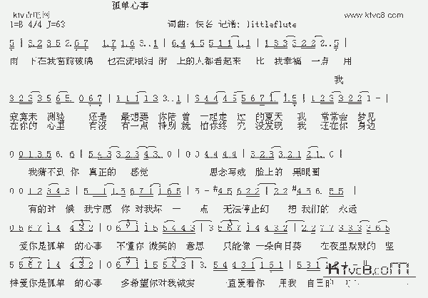 孤单心事_歌谱简谱_哆来咪123曲谱网