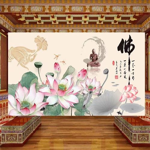 莲花佛手墙纸佛堂供桌电视背景墙装饰壁画菩提观佛字佛堂壁纸新款