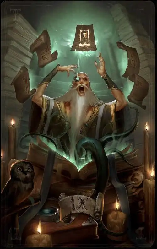 crazy mage casting a spell while his owl wigs out in the corner.
