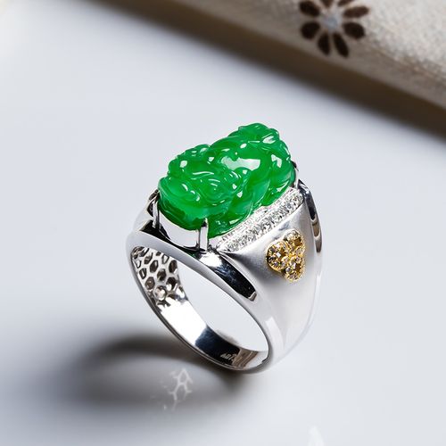 天然a货翡翠戒指老坑满阳绿色貔貅戒指18k金镶嵌男士招财高档戒指