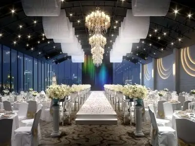 欧式婚礼宴会厅桌椅吊灯舞台背景墙