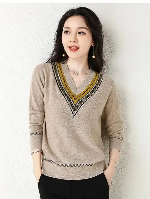 歌米拉针织衫鸡心领毛衣女士春装2022年新款内搭洋气妈妈v领上衣打底