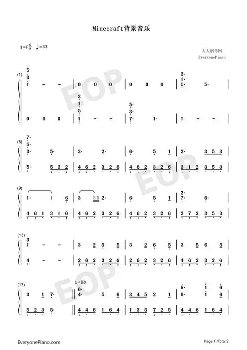 minecraft背景音乐双手简谱预览1