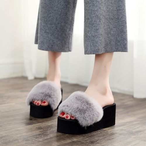带毛拖鞋女 韩版厚底_秋冬季带毛毛拖鞋女新款韩版百搭学生兔毛外穿