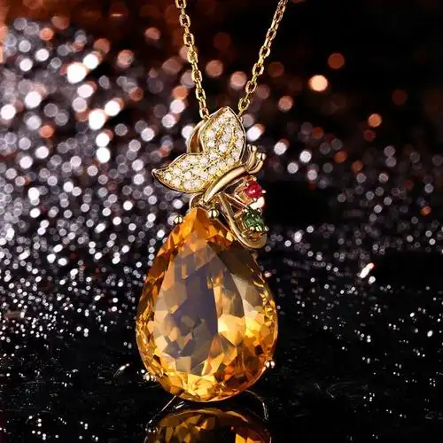 直播新款重工设计微镶满钻蝴蝶吊坠 仿天然黄水晶托帕石彩宝项链