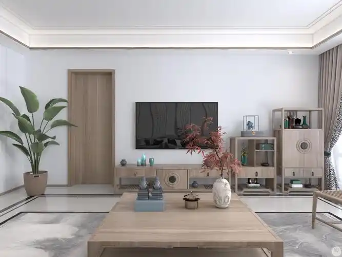 客厅多用原木色营造空间的温馨舒适,用沙发背景墙点缀丰富空间元素.