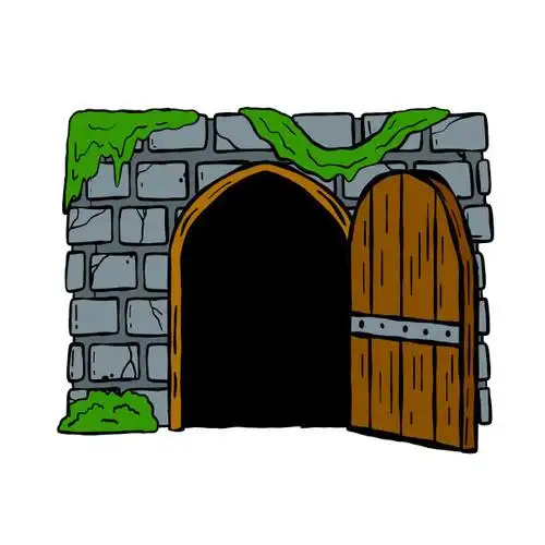童话城堡或中世纪石墙的入口.木扇敞开的门.卡通手绘插图图片下载