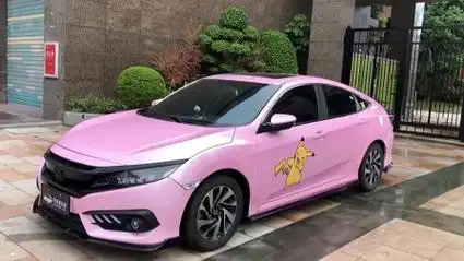 杭州本田思域漆面贴樱花粉改色膜,少女最爱粉色系瞬间感觉萌萌哒