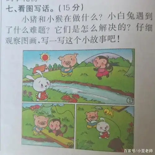 这道看图写话题目共有三幅图,家长在辅导孩子完成这道题时,可以把握好