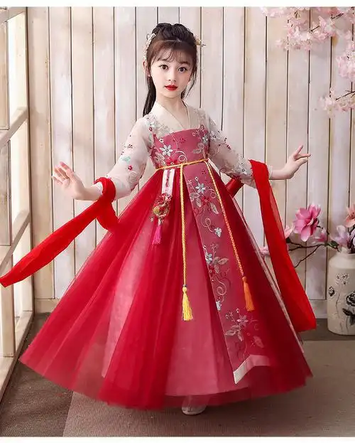 女生汉服小学生2022新款夏季汉服女儿童红色绣花中国风仙古风连衣裙