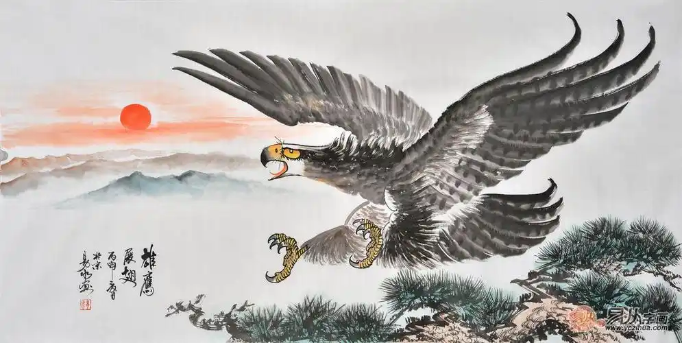 易水三尺横幅写意动物画 国画鹰《雄鹰展翅》