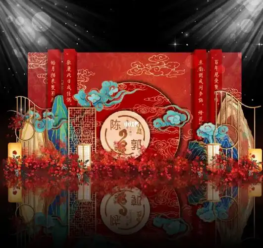 中国风复古中式婚礼背景喷绘psd设计婚庆效果图舞台布置红蓝kt板#中国