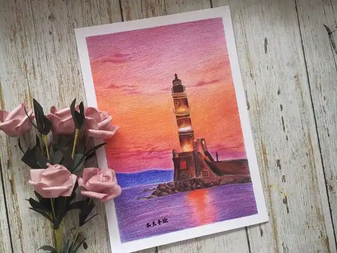 彩铅海边灯塔