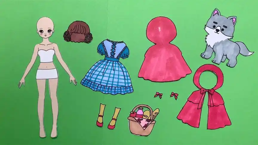 纸娃娃手工,制作女孩的小红帽衣服装扮和大灰狼,趣味换装秀.