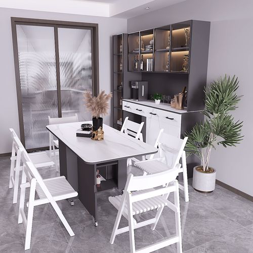 轻奢岩板餐边柜折叠餐桌一体靠墙高柜家用小户餐边柜