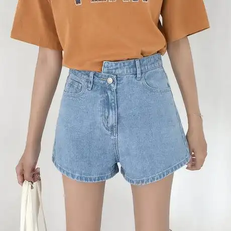 实拍新款小视频bf风高低腰高腰牛仔短裤女