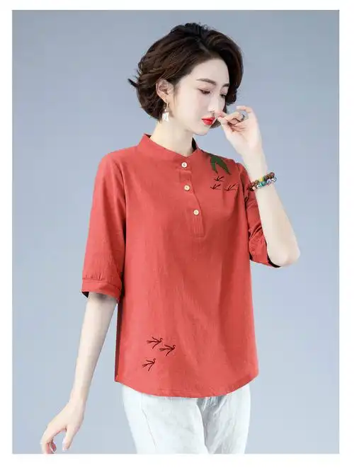 棉麻上衣女夏季中年妈妈大码宽松半袖立领洋气t恤 - 17网