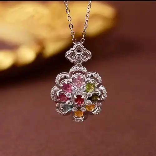 天然碧玺吊坠 s925银镶高级彩宝彩虹配色玺女项坠 轻奢款项链饰品