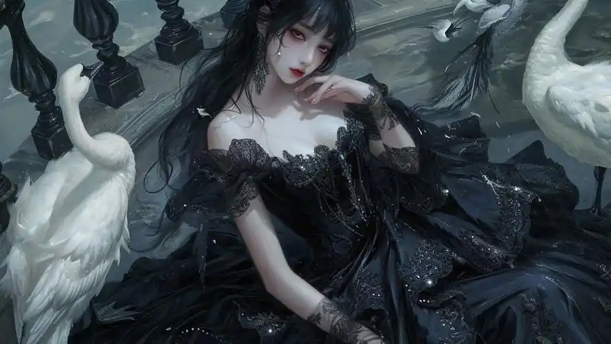 高质量精美壁纸 链接自取 《一位身穿黑色裙子的中国美女坐在楼梯上》